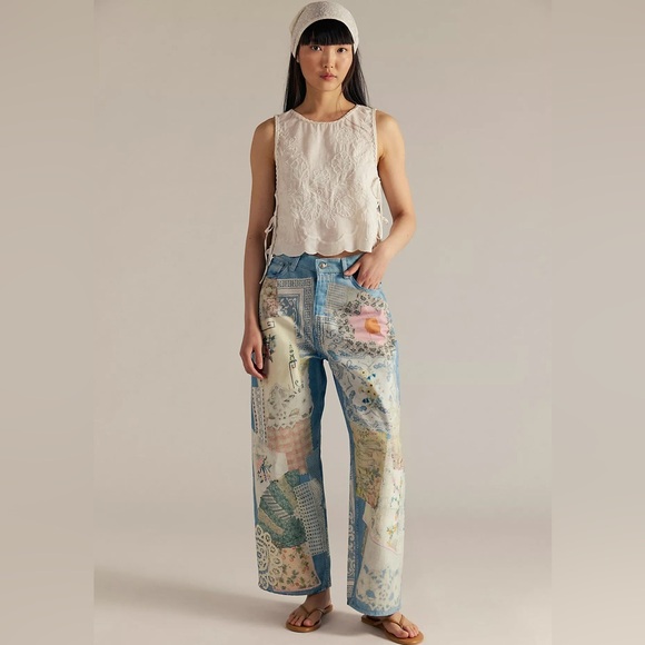 Free People We The Free Illusions Printed Relaxed Jeans in Sky Combo - Picture 2 of 6